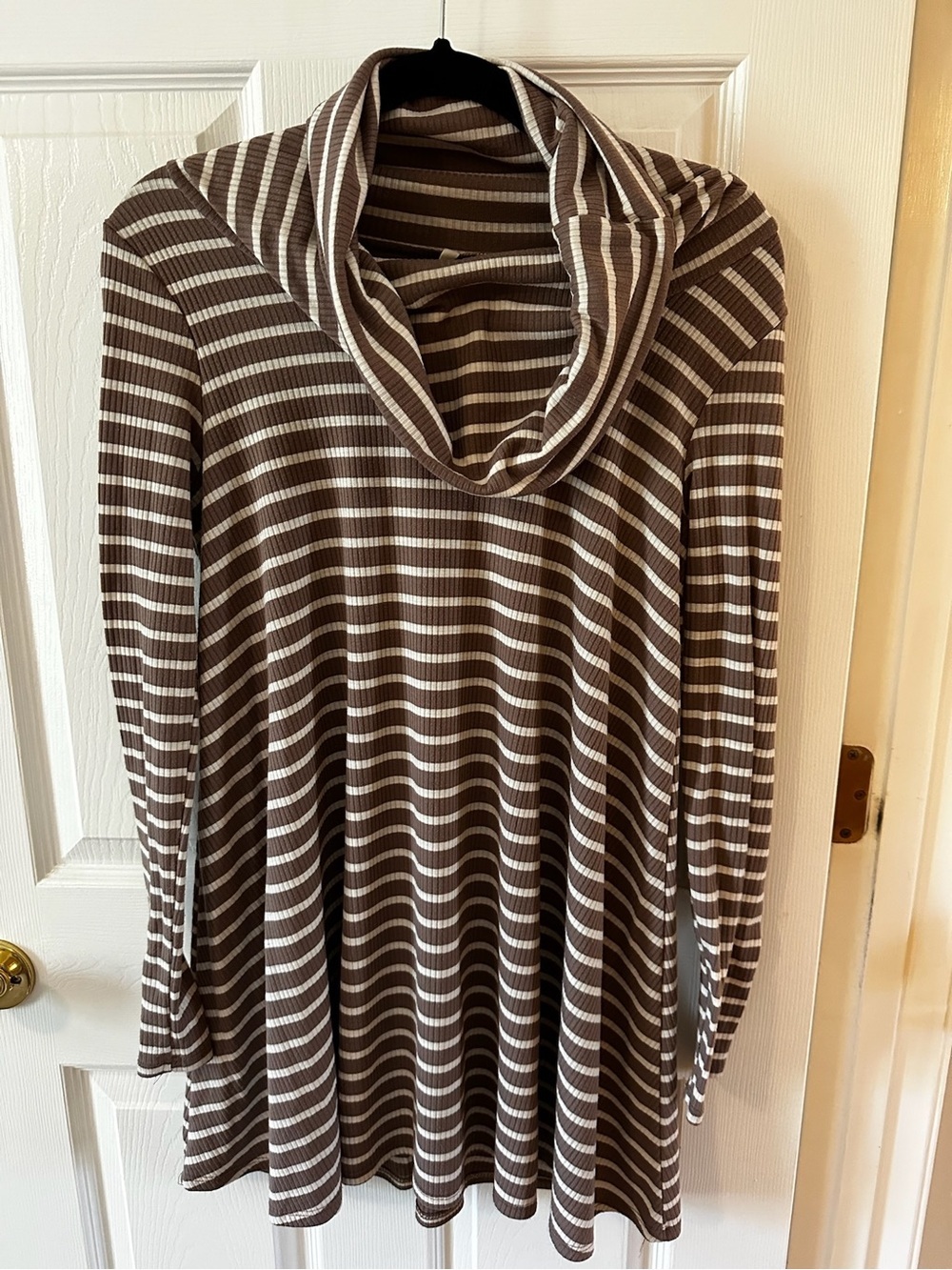 Sage Ribbed Brown & Cream Striped Cowl Tunic